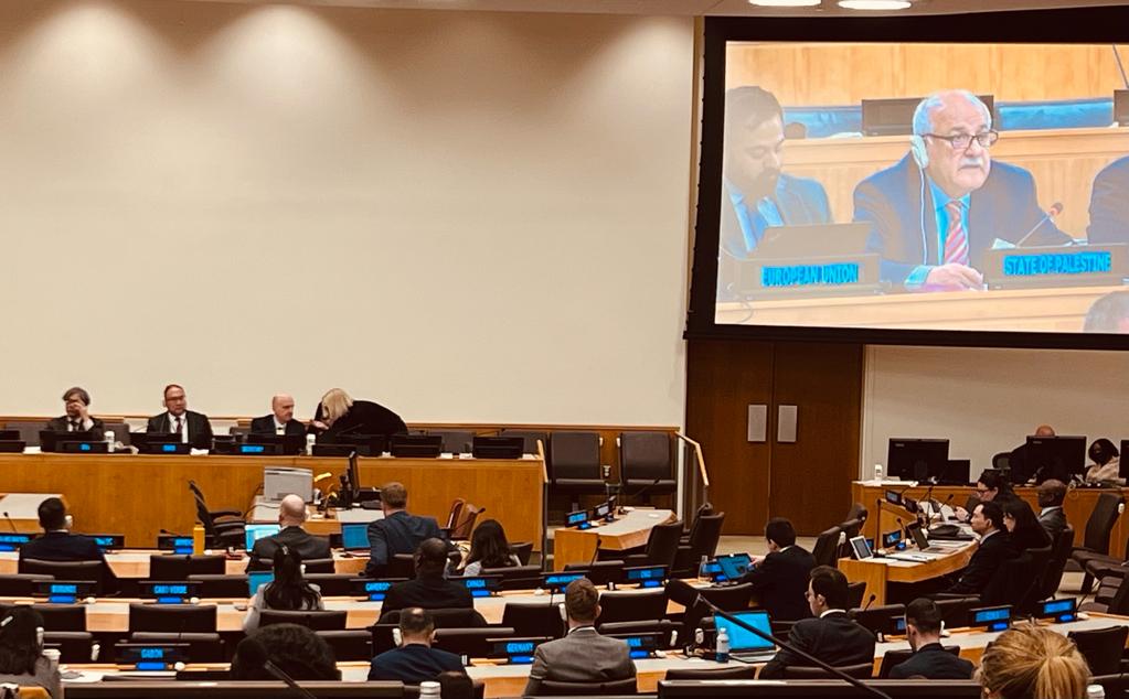 المراقب الدائم لدولة فلسطين لدى الأمم المتحدة الوزير رياض منصور يلقي خطابه خلال المؤتمر